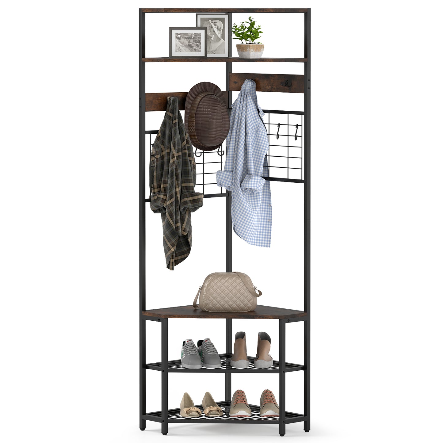 5-Tier Corner Hall Tree with Coat Rack, Storage Shelves, and Shoe Bench in Rustic Brown