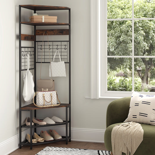 5-Tier Corner Hall Tree with Coat Rack, Storage Shelves, and Shoe Bench in Rustic Brown