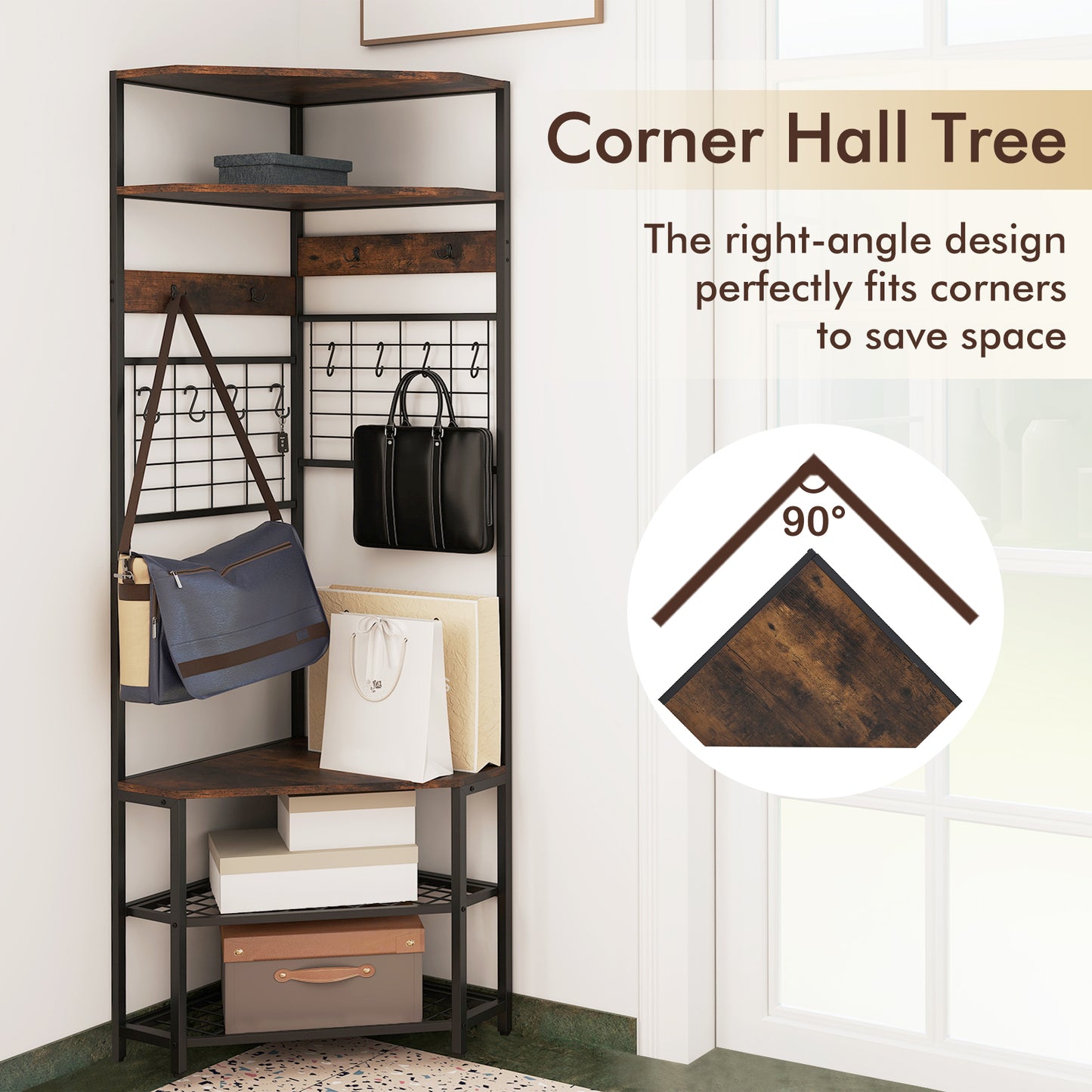 5-Tier Corner Hall Tree with Coat Rack, Storage Shelves, and Shoe Bench in Rustic Brown