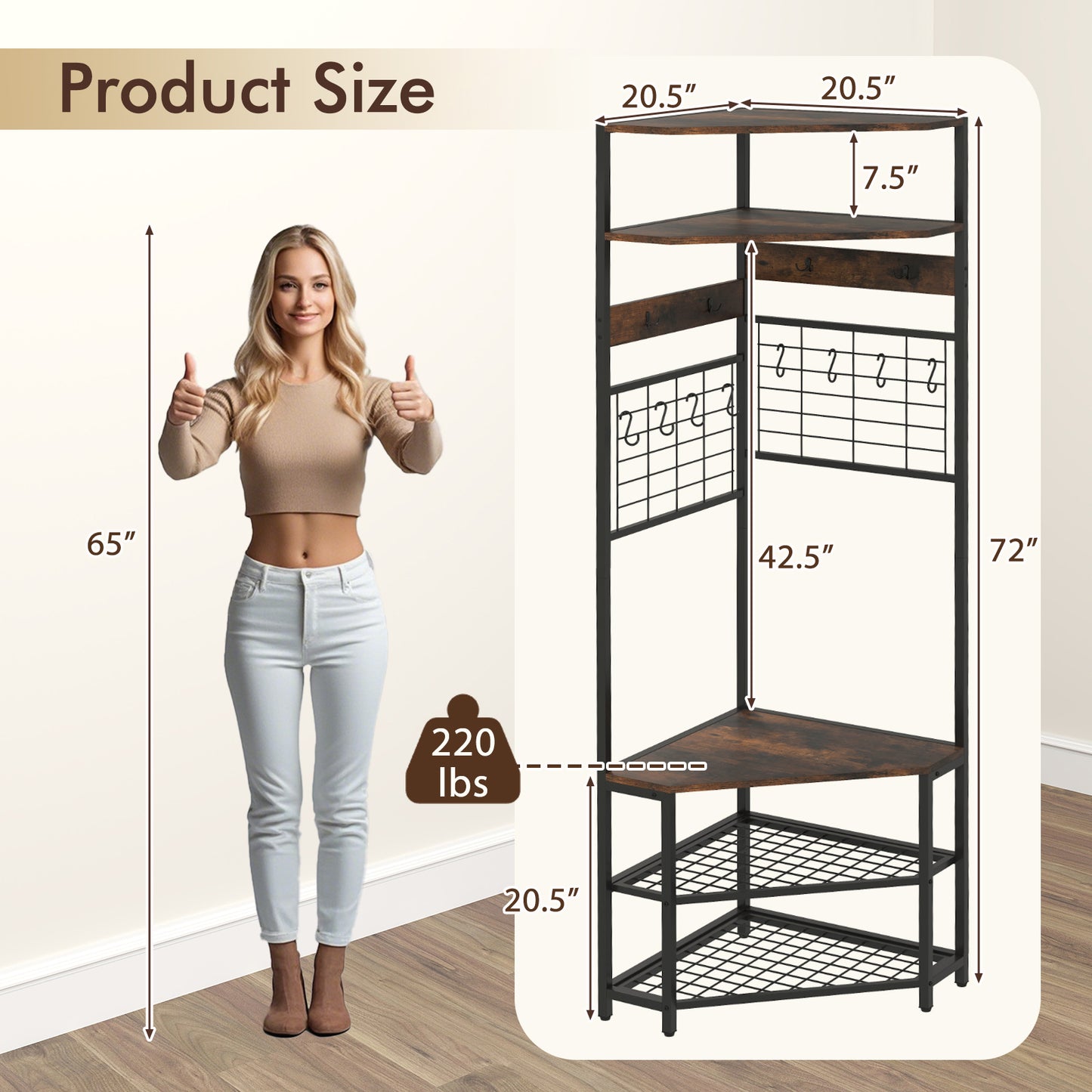 5-Tier Corner Hall Tree with Coat Rack, Storage Shelves, and Shoe Bench in Rustic Brown