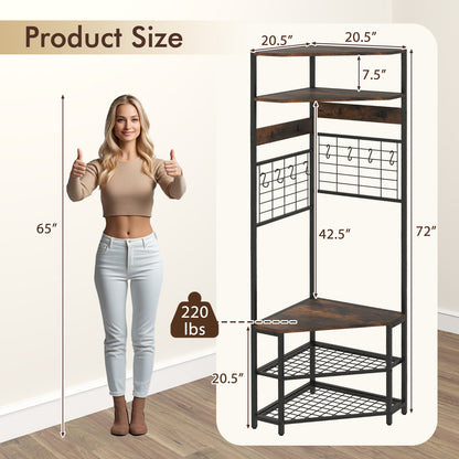 5-Tier Corner Hall Tree with Coat Rack, Storage Shelves, and Shoe Bench in Rustic Brown