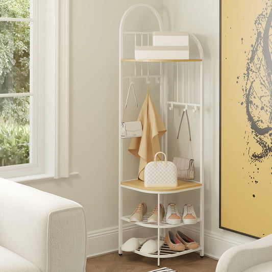 4-in-1 Corner Hall Tree with Coat Rack Shoe Storage Bench and Top Shelf - Natural