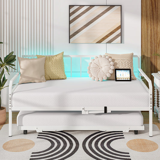 Adjustable Metal Twin Daybed with Pop-up Trundle, LED Light & Charging Station - White