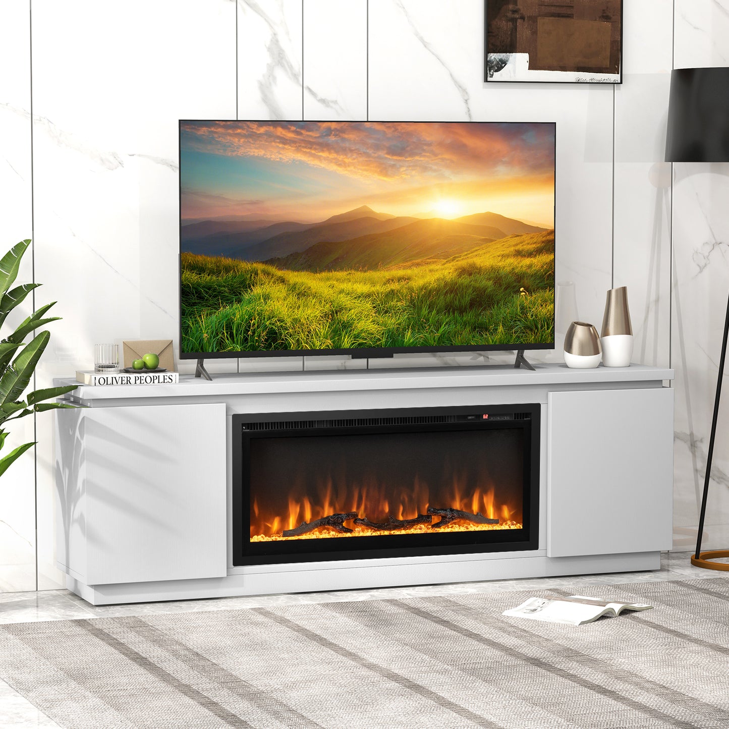 Modern Fireplace TV Stand with Adjustable Shelves and Storage for TVs up to 80 Inches - White