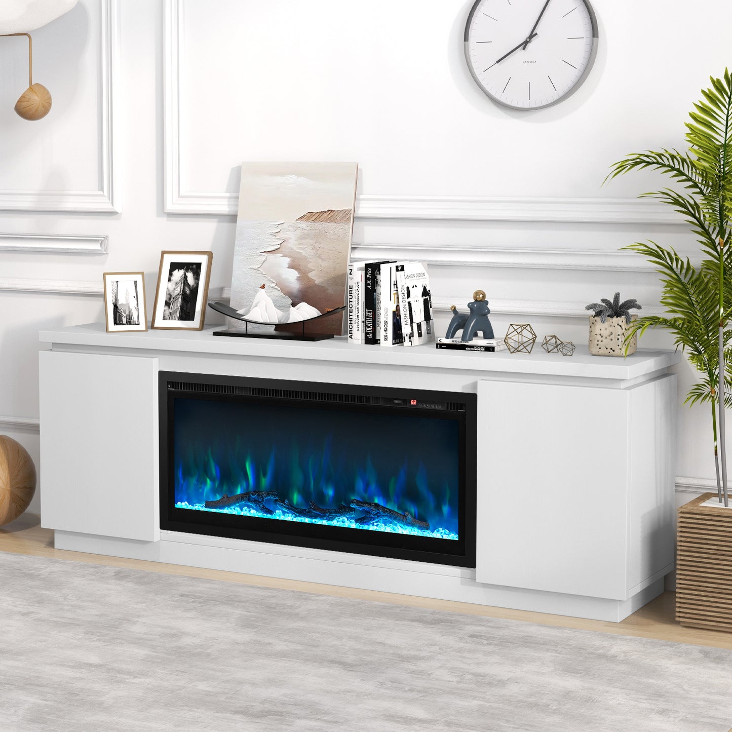 Modern Fireplace TV Stand with Adjustable Shelves and Storage for TVs up to 80 Inches - White