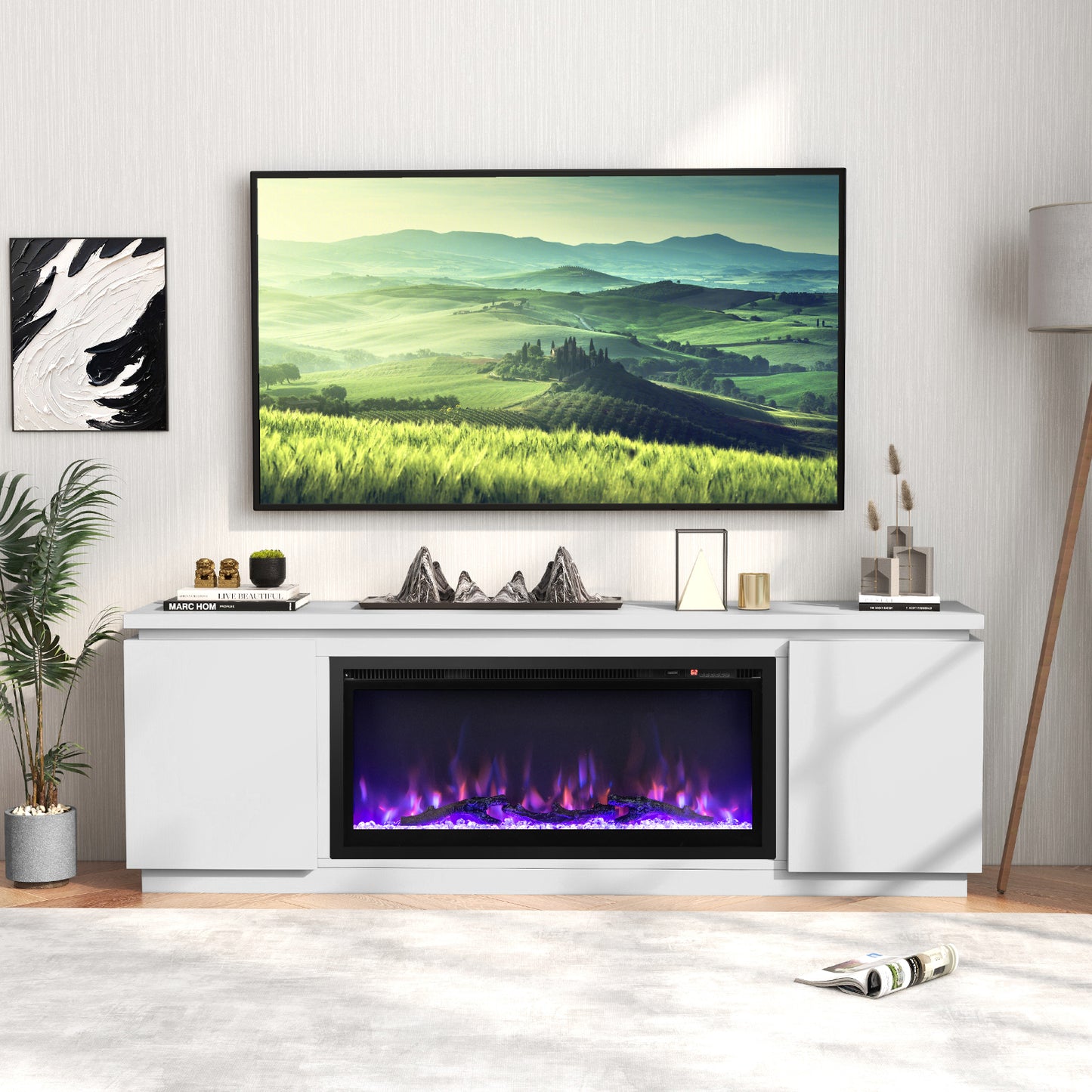 Modern Fireplace TV Stand with Adjustable Shelves and Storage for TVs up to 80 Inches - White