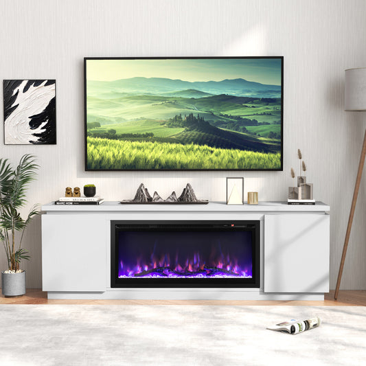 Modern Fireplace TV Stand with Adjustable Shelves and Storage for TVs up to 80 Inches - White