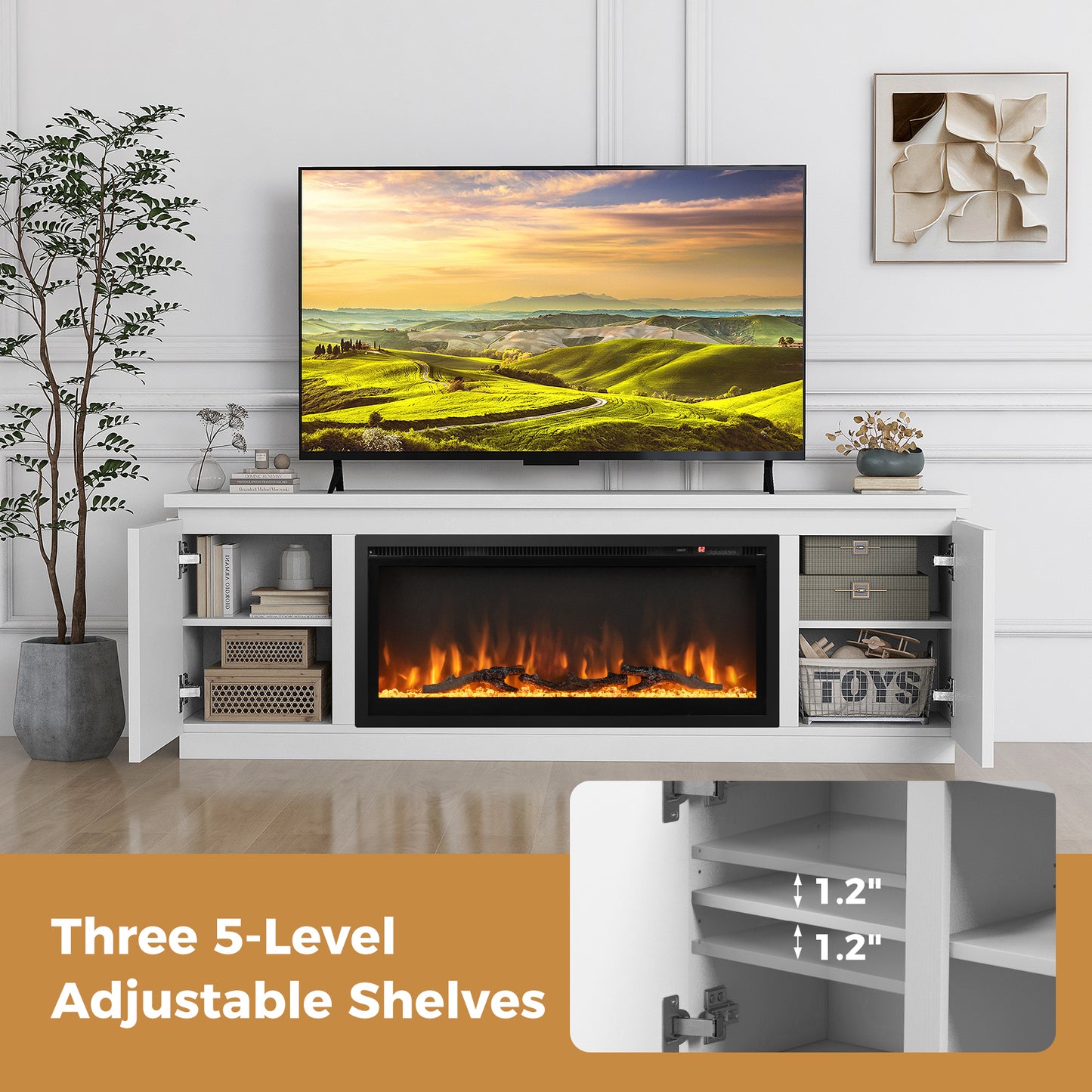 Modern Fireplace TV Stand with Adjustable Shelves and Storage for TVs up to 80 Inches - White