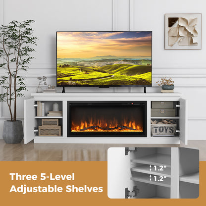Modern Fireplace TV Stand with Adjustable Shelves and Storage for TVs up to 80 Inches - White