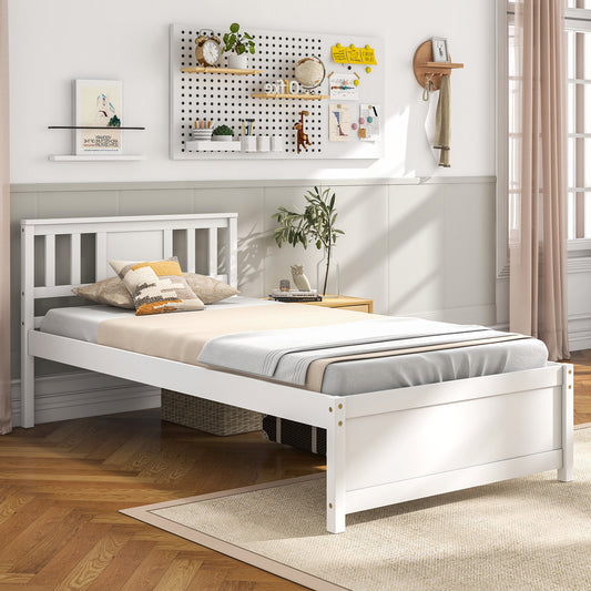 White Wooden Platform Bed Frame with Headboard and Slat Support, Twin Size