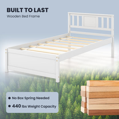 White Wooden Platform Bed Frame with Headboard and Slat Support, Twin Size