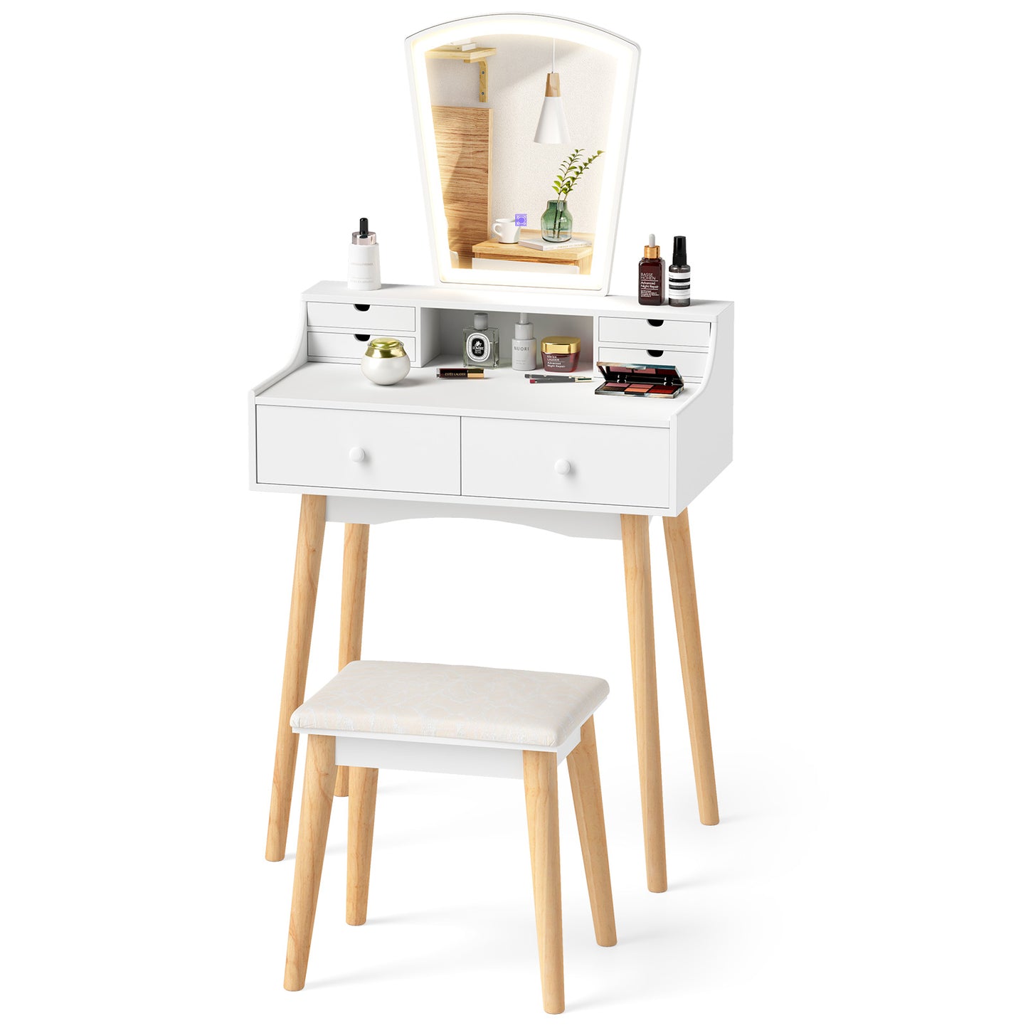 Dressing Table Set with 3-Color LED Mirror, Adjustable Brightness & Spacious Drawers