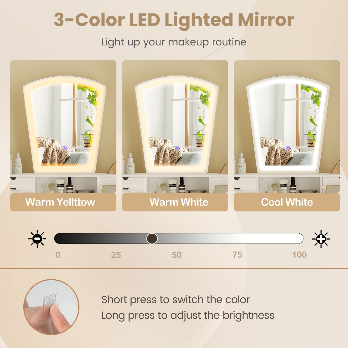 Dressing Table Set with 3-Color LED Mirror, Adjustable Brightness & Spacious Drawers