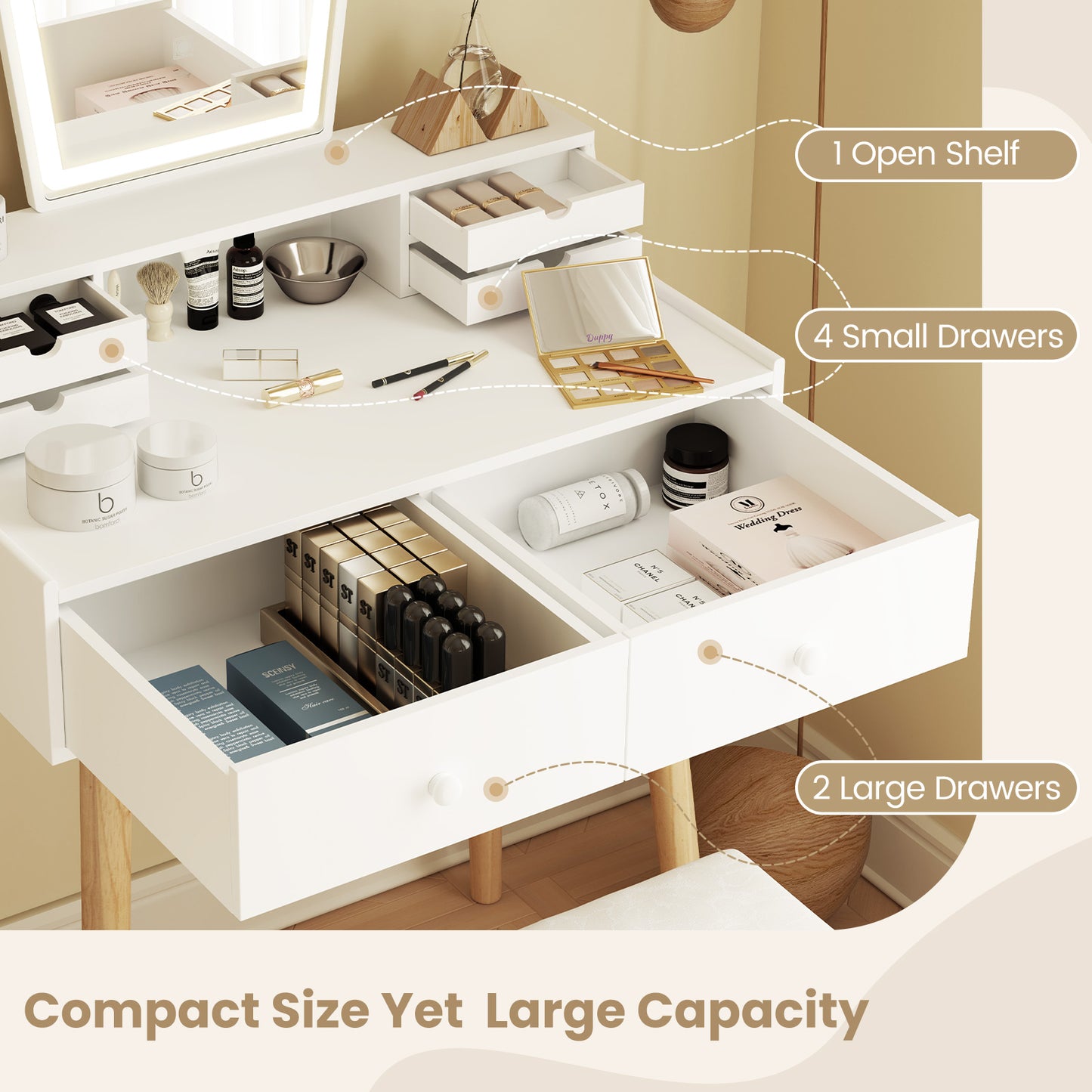 Dressing Table Set with 3-Color LED Mirror, Adjustable Brightness & Spacious Drawers