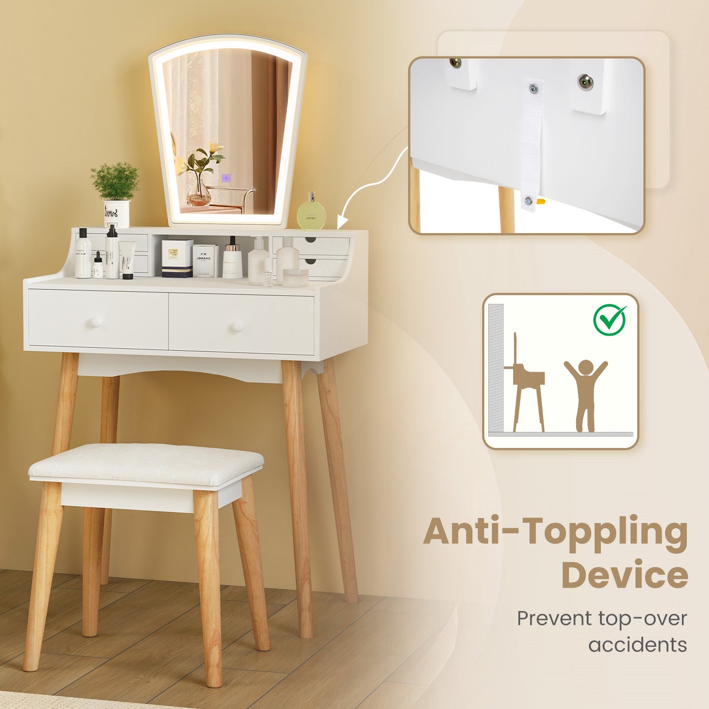 Dressing Table Set with 3-Color LED Mirror, Adjustable Brightness & Spacious Drawers