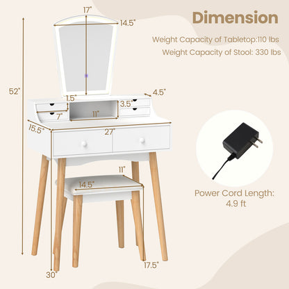 Dressing Table Set with 3-Color LED Mirror, Adjustable Brightness & Spacious Drawers