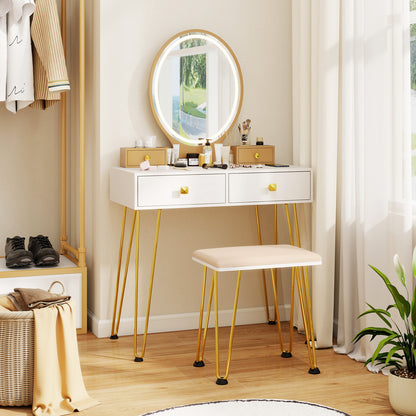 Vanity Table Set with Dimmable 3-Color LED Mirror and Storage Drawers - White