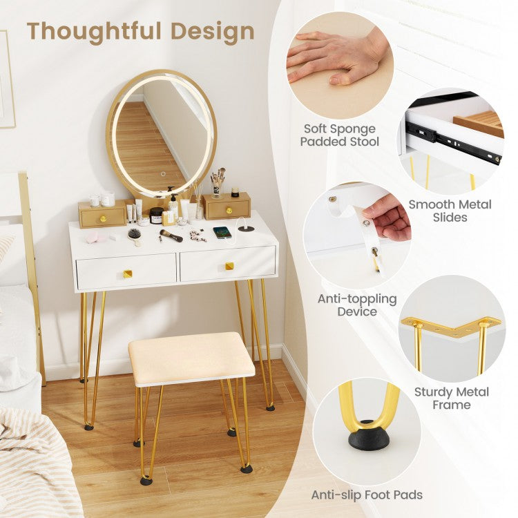 Vanity Table Set with Dimmable 3-Color LED Mirror and Storage Drawers - White