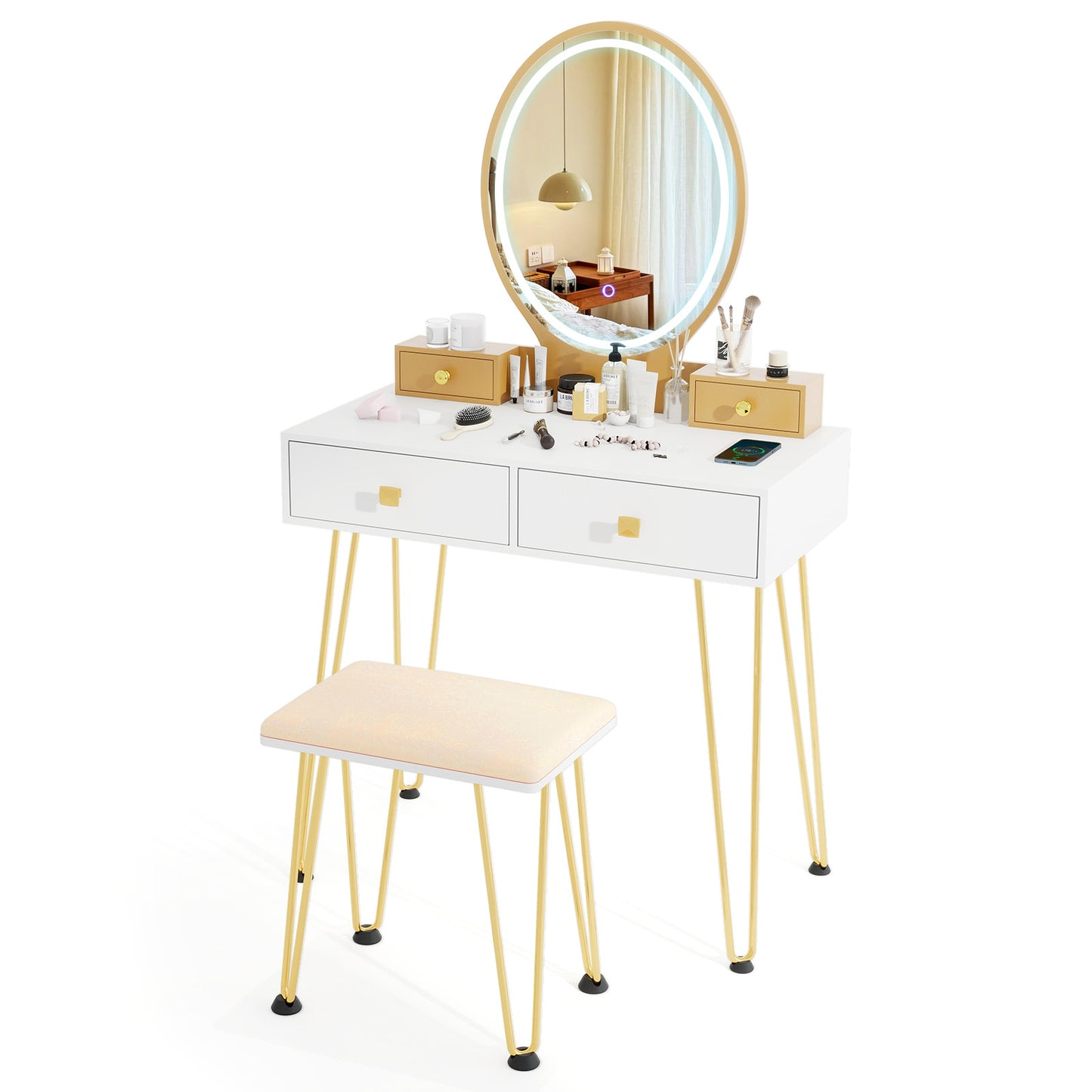 Vanity Table Set with Dimmable 3-Color LED Mirror and Storage Drawers - White