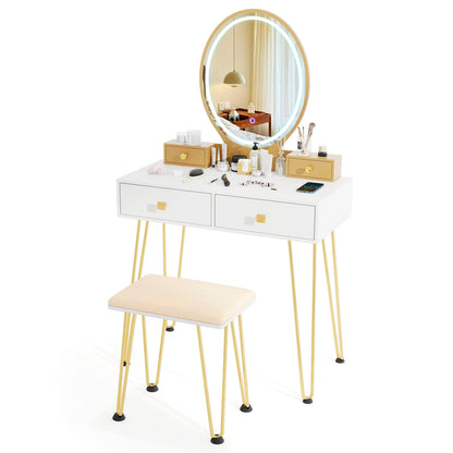 Vanity Table Set with Dimmable 3-Color LED Mirror and Storage Drawers - White