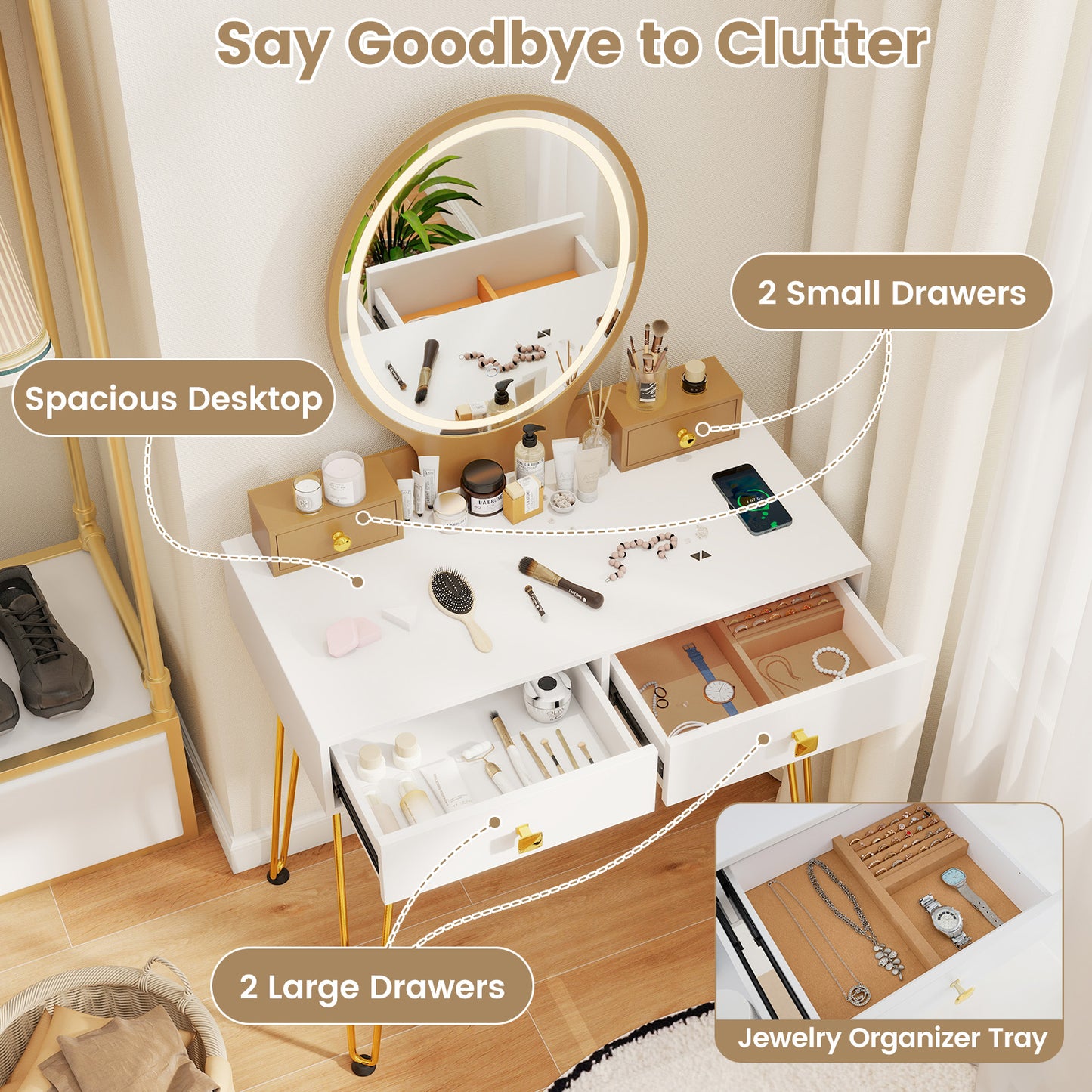 Vanity Table Set with Dimmable 3-Color LED Mirror and Storage Drawers - White