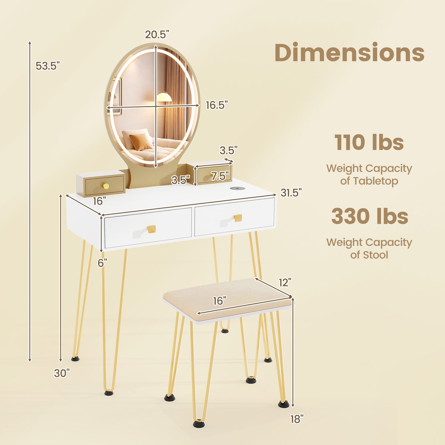 Vanity Table Set with Dimmable 3-Color LED Mirror and Storage Drawers - White