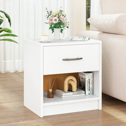 Nightstand with Drawer and Open Shelf for Bedroom or Living Room - White