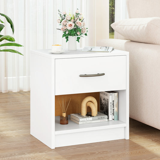 Nightstand with Drawer and Open Shelf for Bedroom or Living Room - White
