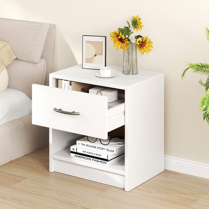 Nightstand with Drawer and Open Shelf for Bedroom or Living Room - White