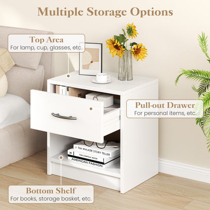 Nightstand with Drawer and Open Shelf for Bedroom or Living Room - White
