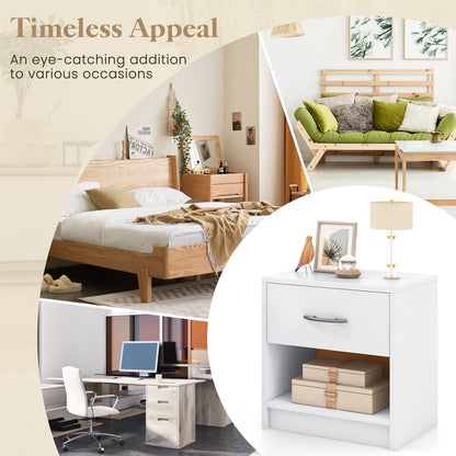 Nightstand with Drawer and Open Shelf for Bedroom or Living Room - White