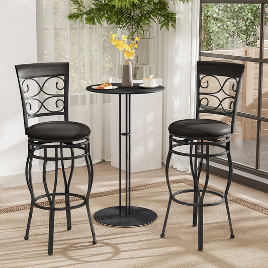 Set of 2 30 Inch Swivel Bar Stools with Padded Leather Seat and Metal Frame - Black