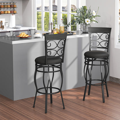 Set of 2 30 Inch Swivel Bar Stools with Padded Leather Seat and Metal Frame - Black