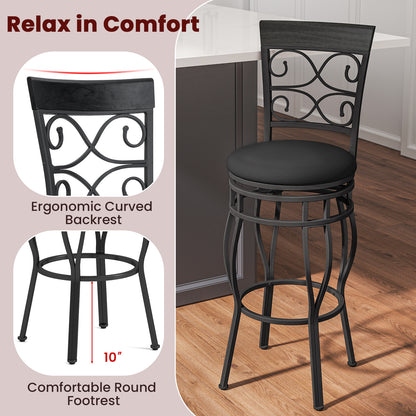 Set of 2 30 Inch Swivel Bar Stools with Padded Leather Seat and Metal Frame - Black