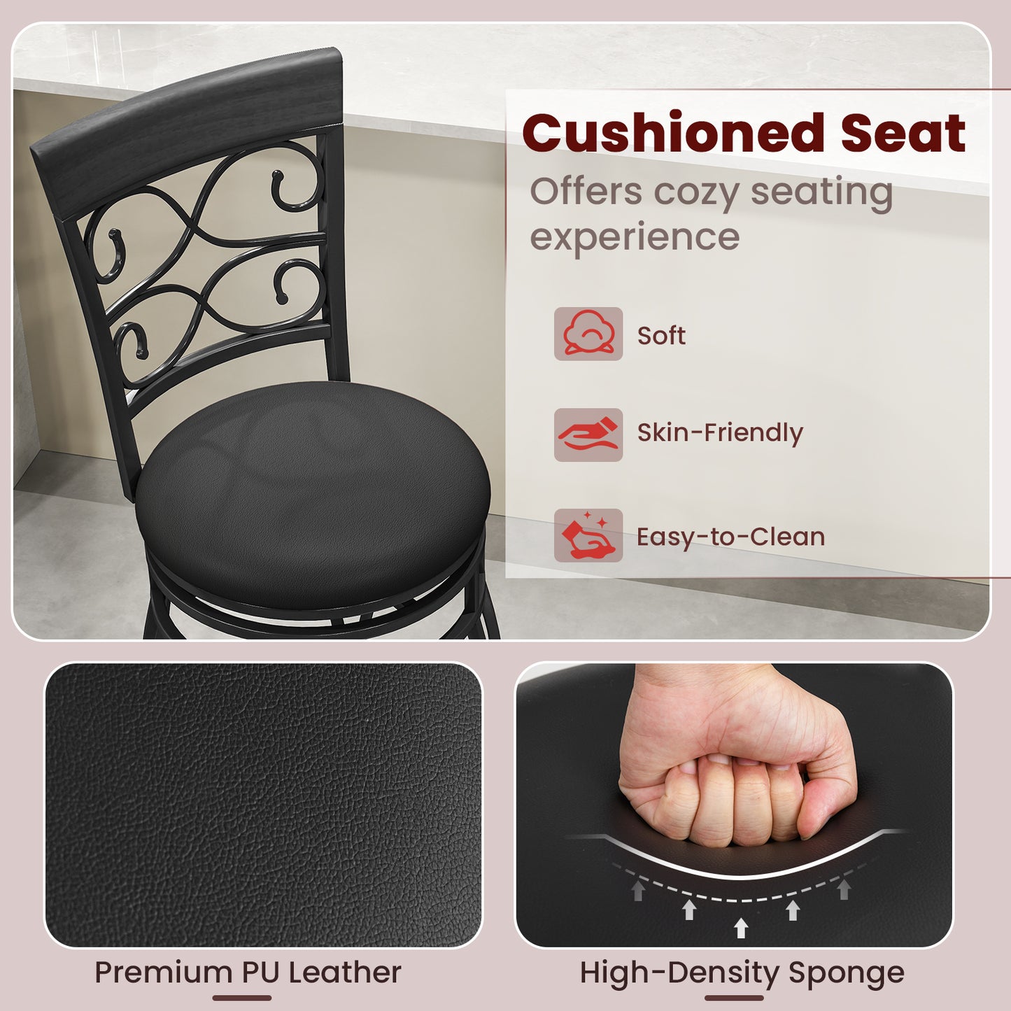 Set of 2 30 Inch Swivel Bar Stools with Padded Leather Seat and Metal Frame - Black