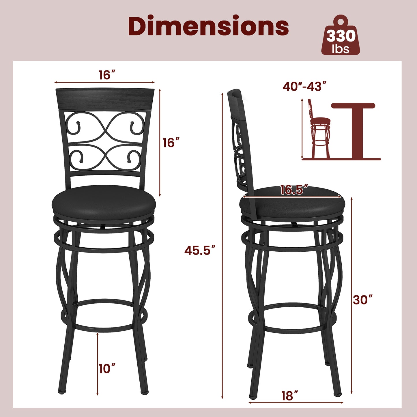 Set of 2 30 Inch Swivel Bar Stools with Padded Leather Seat and Metal Frame - Black