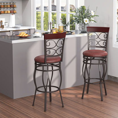 Set of 2 30 Inch Swivel Bar Stools with Padded Leather Seat and Metal Frame - Brown
