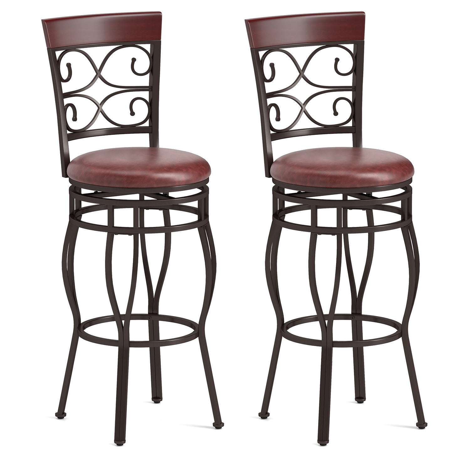 Set of 2 30 Inch Swivel Bar Stools with Padded Leather Seat and Metal Frame - Brown