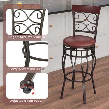 Set of 2 30 Inch Swivel Bar Stools with Padded Leather Seat and Metal Frame - Brown