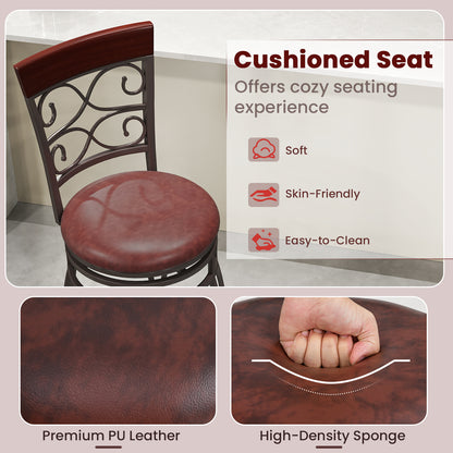 Set of 2 30 Inch Swivel Bar Stools with Padded Leather Seat and Metal Frame - Brown