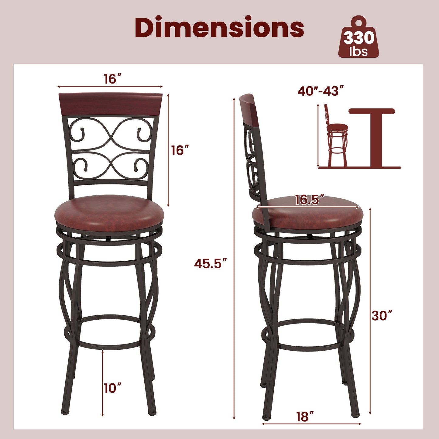 Set of 2 30 Inch Swivel Bar Stools with Padded Leather Seat and Metal Frame - Brown