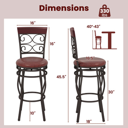 Set of 2 30 Inch Swivel Bar Stools with Padded Leather Seat and Metal Frame - Brown