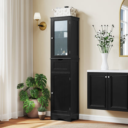 Slim Tall Storage Cabinet with 2 Doors and Drawer for Bathroom Organization