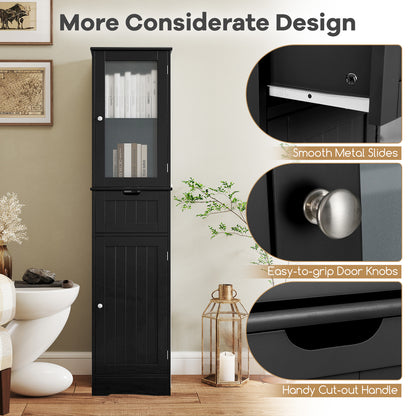 Slim Tall Storage Cabinet with 2 Doors and Drawer for Bathroom Organization