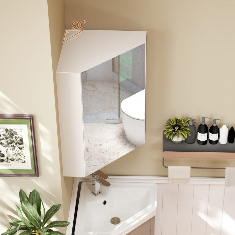 Space-Saving Corner Medicine Cabinet with Mirror Door & Adjustable Shelf for Bathroom - White