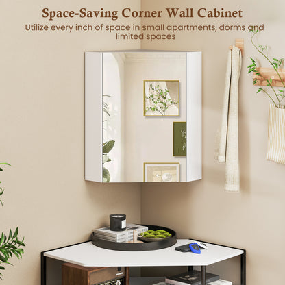 Space-Saving Corner Medicine Cabinet with Mirror Door & Adjustable Shelf for Bathroom - White