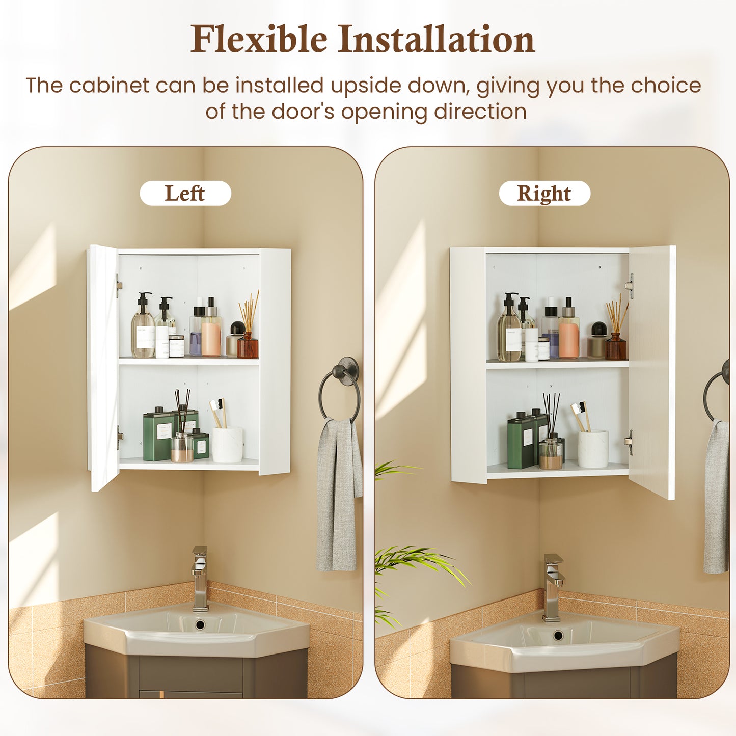 Space-Saving Corner Medicine Cabinet with Mirror Door & Adjustable Shelf for Bathroom - White
