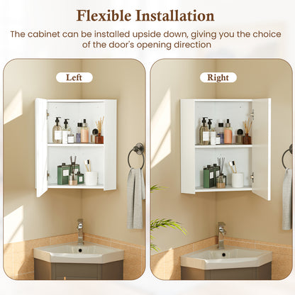 Space-Saving Corner Medicine Cabinet with Mirror Door & Adjustable Shelf for Bathroom - White