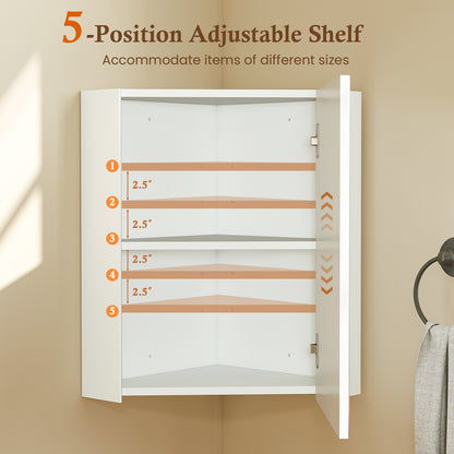 Space-Saving Corner Medicine Cabinet with Mirror Door & Adjustable Shelf for Bathroom - White