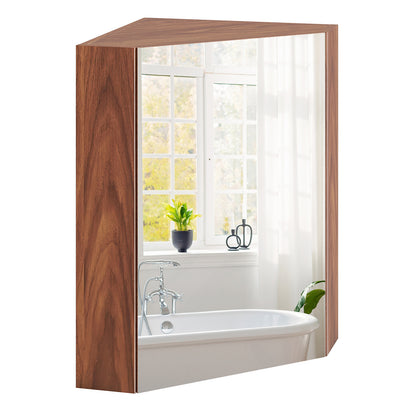 Space-Saving Corner Medicine Cabinet with Mirror Door & Adjustable Shelf for Bathroom - Brown